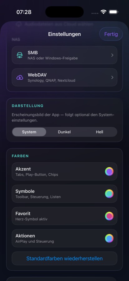 Einstellungen: Darstellung und Farben