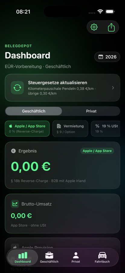 BelegDepot Dashboard mit Jahresübersicht