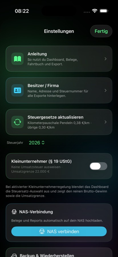 Hauptmenü mit Geschäftlich, Privat und Fahrtbuch